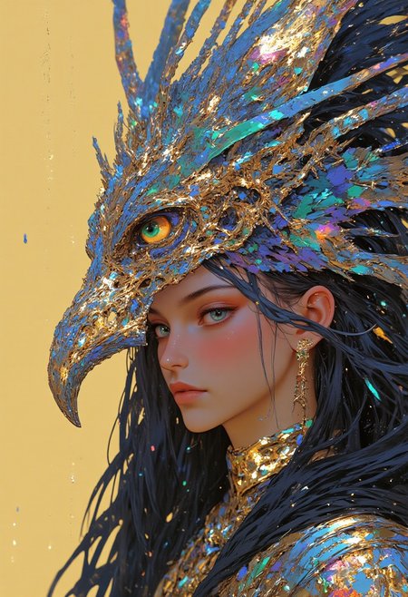 A highly detailed digital artwork, HD, 8K quality, ultra-detailed, masterpiece artwork, presents an extremely close-up surreal portrait fusing human and animal elements. The focus is on the woman's striking green eyes, wide and mesmerizing, gazing directly at the viewer, framed by dark lashes and a soft, luminous glow in her irises. Her pale, flawless skin radiates a subtle shimmer, enhancing her ethereal presence. Flanking her face are the iridescent heads of two majestic peacocks, their vibrant blue feathers shimmering with intricate patterns that seamlessly blend into her cascading dark hair. The peacocks’ regal tufts arch elegantly, complementing her ornate earrings, one shaped like a delicate metallic peacock feather. The background is a radiant yellow, enriched with glittering, surreal patterns that swirl and spiral in abstract harmony, evoking a sense of otherworldly wonder. The glittering designs appear like cosmic constellations or radiant floral motifs, adding depth and mystique to the composition. Hyper-realistic textures emphasize the glossy sheen of the feathers, the delicate glow of her skin, and the hypnotic depth of her gaze. Soft, golden lighting merges with the glittering background, creating a dreamlike yet strikingly vivid composition of surreal beauty.