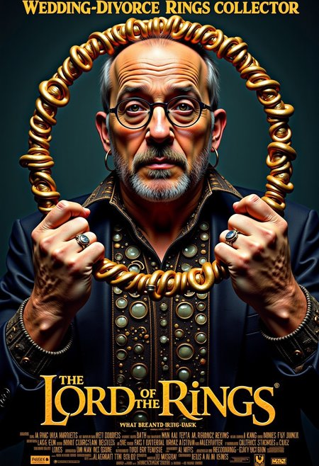 (the text at the top says"Wedding-Divorce Rings Collector" and for the movie title on below, the text says "The Lord of The Rings":1.6), (ensure the text perfectly correct and accurately written:1.3), 
BREAK, 
movie poster parody, everything about this guy is about rings, wearing a shirt and pants made of rings, the shape of the clothes is rings arranged from top to bottom to circle his body, wearing a circle ring on his head, a halo ring on his head, his long mustache wrapped around a ring, all his fingers and toes wear rings, his glasses are shaped like circles of rings, his earrings are circles of o-rings, being in a boxing ring, all his fingers wear rings, his head wears a halo ring, his hand is holding a large circle of o-rings, 
BREAK
masterpiece, best quality, ultra-detailed, ultra realistic, 8k, RAW photo, aidmatextimprover,