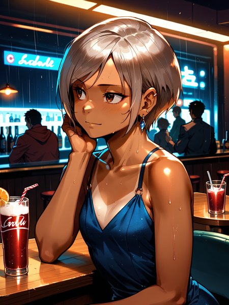 (, solo focus:1.1) <lora:happy_tentacle-cherry_asuka-v0.1-000030:1>, ht_cherry_asuka, earrings, tan, brown eyes, (petite:1.2), <lora:Shed_The_Skin's StS_age_slider_v1_initial_release:-1.1> ( :1.1) ( , , ( :1.2) , , (looking at another:1.2) :1) , indoors, ((dawn :0.6), rain :0.8), ( :0.9), (furniture:0.9), , , , people , (science fiction :0.9), bar, soda , (evening gown:1.2) ( :0.8) score_9, score_8_up, score_7_up, score_6_up, score_5_up, score_4_up, ( [(realistic, photorealistic:1.3):(realistic:1.2):16] [(3d:1.2)::14] :1) <lora:LUUNA's Lunas-NijiJourney-SDXL-B2:0.35>, nijijourney <lora:prgfrg23's Counterfeit-V3.0 Style SDXL_LoRA_Pony Diffusion V6 XL:0.5> <lora:mfcg's mfcgXL:0.12> <lora:reweik's gyokai(himehajime)_PonyXL_style_v01:0.14>