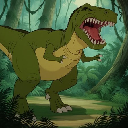 score_9, score_8_up, score_7_up, score_6_up, score_5_up, score_4_up, source_furry, mamarexlbt, feral, female, Tyrannosaurus, dinosaur, green skin, closed eyes, jungle, standing, mouth open, roaring, spittle, saliva,