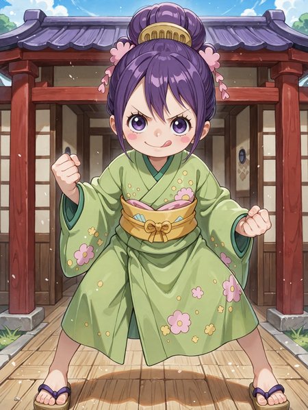 ultra-detailed, ultra-detailed background, ultra-detailed eyes, hair between eyes, 1girl, <lora:Tama_Kurozumi_-_One_Piece__Illustrious:0.8>, child, purple hair, shimada hairstyle, hair bun, purple eyes, eyelashes, one piece wano style, hair ornaments, pink cheeks, green kimono, yellow sash, patched kimono, japanese sandals, loose clothes, standing, fighting stance, spread feet, detailed toes, v-shaped eyebrows, looking at viewer, licking lips, clenched hands, intense, <lora:hand 5.5_903007:0.1>, well-defined fingers, ultra-detailed fingers, <lora:illustriousXL_stabilizer_v1.7_1135253:0.1>, <lora:spo_sdxl_10ep_4k-data_lora_webui_482964:1>, <lora:Hyper-SDXL-8steps-lora:0.5>, <lora:add-detail-xl:1>, general, masterpiece, best quality, amazing quality, very aesthetic, absurdres,