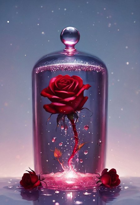novuschroma08 style, a lone rose in a white crystal container with sparkling droplings of water dropping from its red petals and thorns