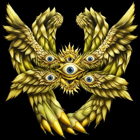 <lora:biblical_angels:1>realism,biblicalangellora, integrated,wings, many eyes, rings, wings, dark background,<lora:CornKernelStyle:0.6>corncobs,corn kernels