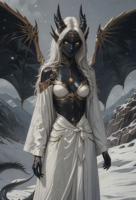 score_9, score_8_up, score_7_up, 
robot girl, (robot body), black metal body, dragon tail, dragon wings, long white hair,
hkmagic, white robe,
proud, medium breasts, silver, gold accents, 
solo, xenotr1p, 
(snowy mountains and sunset in the background),
