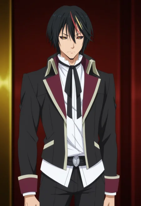 masterpiece, best quality, anime screencap, official style, anime coloring, cowboy shot, 1boy, solo, male focus, <lora:diablo_tensura_ilxl:0.96>, diablo_tensura, black hair, yellow eyes, multicolored hair, streaked hair, red hair, hair between eyes, colored sclera, black sclera, black jacket, black ribbon, white shirt, black pants,