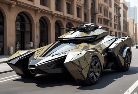(medium full shot) of (futuristic light desert-camo futuristic armored car, batmobile style) with carbon-fiber armor, elegant design, gas-turbine engine, stealth coating, adorned with camouflage netting, set in  a futuristic city, featuring advanced architecture, automated systems, sleek public spaces, ,Masterpiece,best quality, raw photo, realistic, very aesthetic