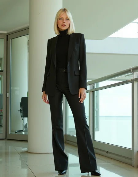 surrealist art Art Nouveau style A stylish blonde woman in her early 30s, dressed in contemporary high-fashion. She wears a sleek, tailored blazer over a turtleneck sweater paired with elegant wide-legged trousers. Her hair is styled in a smooth, shoulder-length bob, complementing her polished and confident appearance. She stands against a minimalist cityscape backdrop with clean lines and glass architecture. Subtle natural light highlights her poised and refined look.
 <lora:Janacovaxhres-grm80vx:1> . elegant, decorative, curvilinear forms, nature-inspired, ornate, detailed . dreamlike, mysterious, provocative, symbolic, intricate, detailed