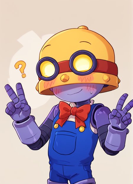 score_9, score_8_up, score_7_up,   <lora:bscarl:1>bscarl , 1boy , robot , yellow headwear , goggles on headwear   covered eyes, yellow eyes  ,  solo , blue overalls, shorts , sleeveless, red bowtie, no nose,  <lora:PossumMachine:1>posmach   , confused,  blush,  ??? , smile,  looking at viewer, v sing  ,