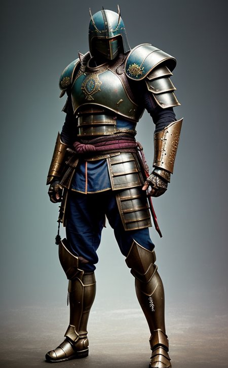 samurai in the armor, (dark shot:1.17), epic realistic, faded, ((neutral colors)), art, (hdr:1.5), (muted colors:1.2), hyperdetailed, (artstation:1.5), cinematic, warm lights, dramatic light, (intricate details:1.1), complex background, (rutkowski:0.8), (teal and orange:0.4),((full body:1.9)), by Blizzard entertainment, (massive armor), big armor, large samurai armor:1.9, wearing samurai helmet, low light, facing camera, big muscles, muscled body, badass, badass style, steam punk, lot of details, detailed armor, large shoulders, large arms, large, limbs, half side portrait, ((dark background)), (night time), dark shadow, katana on his back, yoroi armor