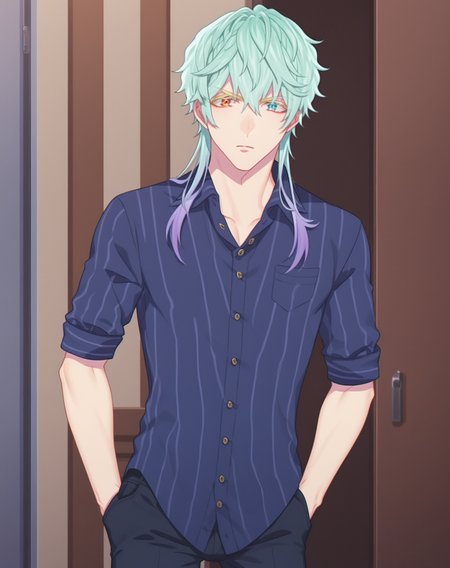 score_9, score_8_up, score_7_up, source_anime, anime screencap, depth of field, rating_safe, BREAK,
1boy, solo, yaoi, male focus,
looking at viewer, cowboy shot, facing viewer, standing, straight-on, arms at sides,
<lora:Peter_Flaige_Pony:1> peterflaige, aqua hair, heterochromia, long hair,
shirt, pants, 
indoors,