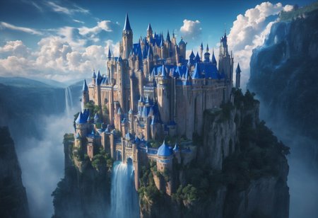 a floating castle in the air, a waterfall flows from the castle to the ground, epic composition, detailed, parts of the castle are made of deep blue crystal, intricate, flying cloud castle, palace floating in the sky, fantasy matte photo, castle in the clouds,  high fantasy matte photo, fantasy matte photo, matte fantasy photo, dreamy matte photo, castles floating in mid air, high fantasy castle, fantasy architecture, an immense floating castle