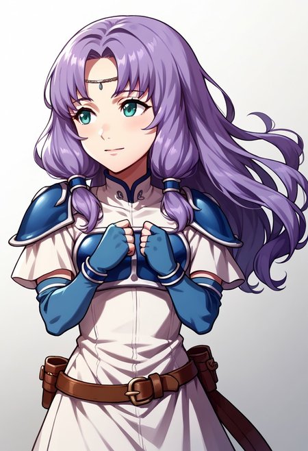 score_9, score_8_up, score_7_up, source_anime BREAK 1girl, solo, <lora:zs_AwakeningPortraitsXL:1> awakeningportraits, portraits, white background,  , <lora:NSFlorinaFE7:1> NSFlorinaMain, blue thigh boots, belt, white dress, blue breastplate, blue pauldrons, short sleeves, teal fingerless elbow gloves, circlet, parted bangs, high collar, light purple hair, long hair, low-tied sidelocks, light smile