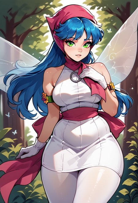 "score_9, score_8_up, score_7_up, score_6_up, score_5_up, score_4_up,
1girl, pixieds, green eyes, blue hair, long hair, bandana, scarf, white dress, white pantyhose, fairy wings, white gloves, armlet, large ass, large breasts, shy look, forest, chubby