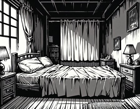 score_9, score_8_up, score_7_up,  <lora:Clean Sketch (J) style:1> monochrome, bedroom with a bed and end table,