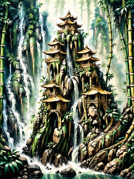 fortress made of Jed-Bmbrts  on a cliff next to a huge water fall in the jungle, og, haze, lightray, <lora:BambooRootsStyle:1>  <lora:xl_more_art-full_v1:1> <lora:Retro_Illustration:0.6> 2d game scene, oil and watercolor painting, (masterpiece:1.2), best quality