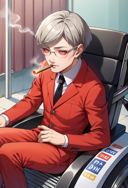 score_9, score_8_up, score_7_up, source_anime, BREAK 1boy, solo,  <lora:zs_StephenXL:1>, stephensmt, grey hair, short hair, grey eyes, glasses, red blazer, white shirt, black tie, red pants, wheelchair, sitting,  <lora:Stoned-pdxl_Fp:1>, smoking, colored sclera, stoned,