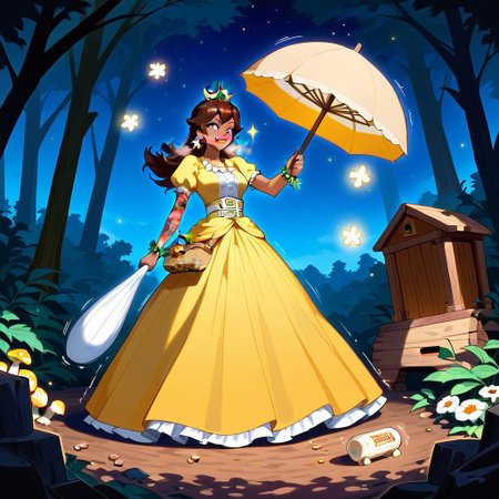 score_9,score_8_up,score_7_up,score_6_up,score_5_up,1girl, score_4_up,source_nintendo,daisy,princess_daisy,brown_hair, mario_(series),red_eyes,glowing eyes,shotgun made of clocks, long hair,slit pupils,(flower bracelets),(dark skin),curvy,frown, smile,clenching fists,tongue,grin,wide hips,thick thighs,thick legs,medium breasts,narrow waist,(tattoos:1.4),flower tattoo, forest,autumn forest,thorny vines,dirt road,wooden hut,gold shroom,yellow mushrooms,glowing mushrooms,night,stars (sparkles:1.4),sky,clouds,long skirt,yellow dress,white ribbon belt,holding umbrella,holding basket,(puffy shoulders),puffy red lips,(short sleeves),lacy skirt,very long skirt,gold earrings, hand sign,moonlight,shiny skin,dynamic pose,crystal yellow orbs,levitating yellow orbs,big mushrooms,(motion lines:1.4),(thick outlines:1.4),(trembling lines:1.4),sweat,destroyed stone bricks,jewelry,steam,steamy breath,wine bottle,salami,cheese, spoken food,(gun case),bullet belt,weapons,gold crown,tiara, masterpiece,best_quality,newest,absurdres,best shadow,light particles,highly detailed background,amazing quality,highly detailed_skin,very_detailed_clothes,power_lines,speed lines, emphasis_lines,very_aesthetic,dynamic_angle,high quality,4k, best shadows,<lora:add-detail-xl:2>,scrimshaw,made out of, ebony,ivory,bone carving
