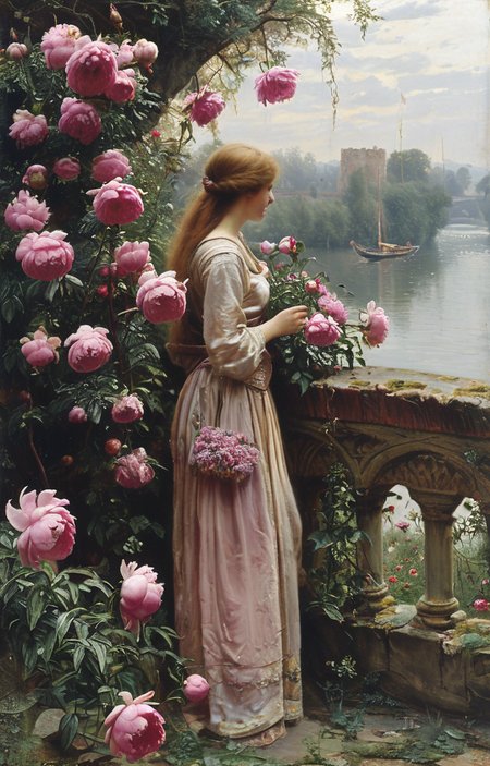 masterpiece,best quality,<lora:tbh201-sdxl:0.9>,illustration,style of Edmund Leighton
 decaying peonies