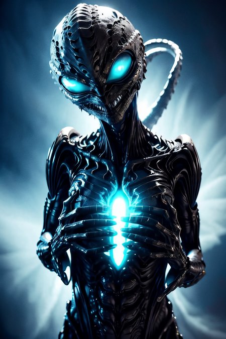 Aliens with bioluminescent, phosphorescent markings that run along their sleek, muscular bodies. They have sharp, elongated teeth and eyes that glow with an intense, piercing gaze. (Realisitc:1.5) alien woman monster, breasts, <lora:EdobMonsterFemale2_v1.0:0.8>