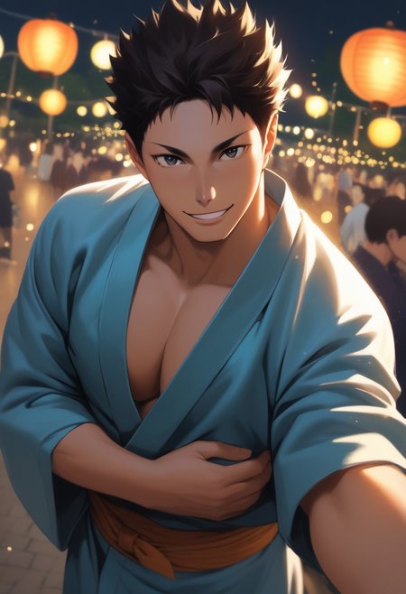 score_9, score_8_up, score_7_up, source_anime, rating_explicit, pecs, Iwaikyu, 1boy, male focus, dark-blue yukata, smiling, looking at viewer, blurry outdoor lantern festival, food stalls, hands with five fingers, warm bokeh, from above, realistic lighting,