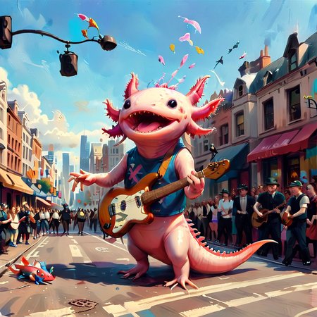axomodelxl, axolotl in a bustling city, performing on the street, surrounded by crowds
