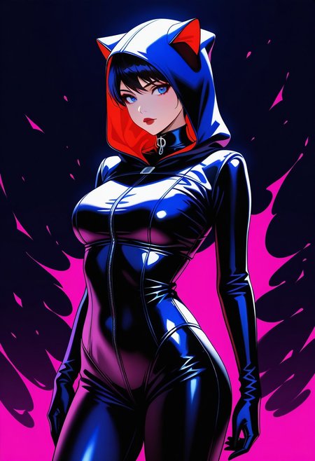 cowboy shot, catwoman, original costume with hood, dynamic image, masterpiece, amazing quality, HD32K, vibrant colours, dark background, HD32K, highly detailed