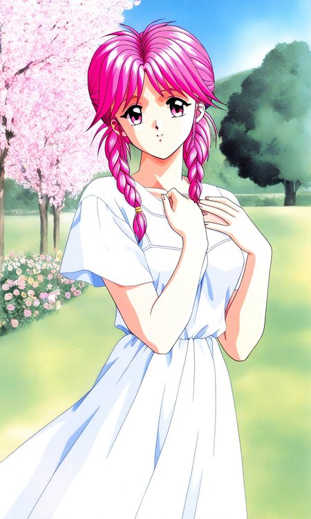 general,highres, ultra-detailed,very aesthetic,best quality ,best hands, BREAK  <lora:Koshiki_Yukari_Tokimeki_Memorial_IS:1>
Koshiki_Yukari(Tokimeki_Memorial), 1girl, solo, pink hair, twin braids, long hair, pink eyes, bangs, breasts,
white dress, 1990s (style), flower, polka dot, short sleeves, looking at viewer, hand on own chest,
outdoor, tree, sky,