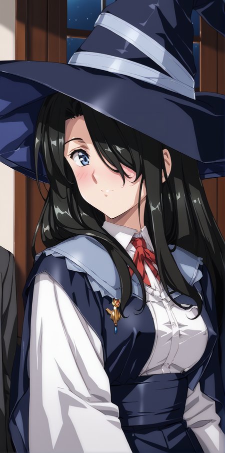 1girl, 1boy, masterpiece, highres, high quality,night, dark room,
score_9, score_8_up, score_7_up, score_6_up, source_anime,
(mature female), cowboy shot, 
BREAK
indoors, (blush:2), seductive smile, smile, 
covered nipples, 
BREAK,
BREAK,
Fran, long hair, blue eyes, black hair, hair over one eye, witch hat,<lora:Urushihara Satoshi_XL_PONY_V2:0.9>,<lora:WanderingWitch:0.8>