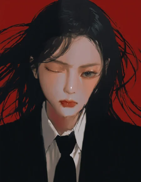 1girl, solo, long hair, red background, black hair, shirt, looking at viewer, collared shirt, one eye closed, black necktie, simple background, necktie, red lips, closed mouth, portrait, white shirt, black jacket, jacket, floating hair, dynamic, out of frame, 
masterpiece, very awa,  <lora:why:1>
