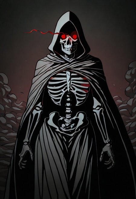 Masterpiece,best quality,limited color palette,lineart,vector art,1girl,solo, cowboy shot,
Hidden face, shadows, hood, cloak,  paranormal, gaseous, smoke, dust, skeletal, grim Reaper, scythe, glowing eyes, red eyes,  dark background, P0K3M1LF5TYL3,