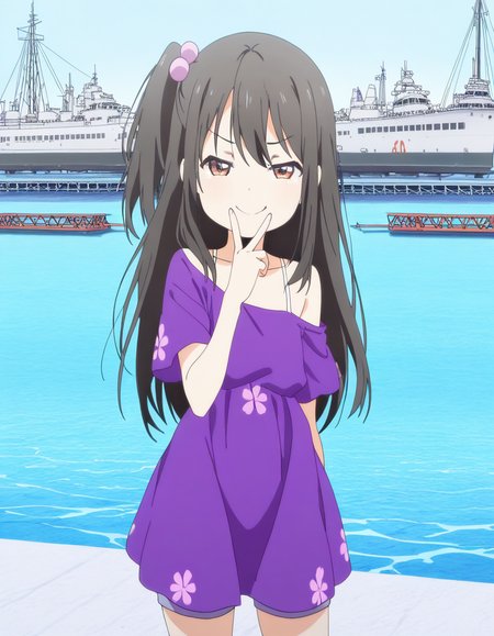 masterpiece, best quality, amazing quality,, <lora:tenka-adachi-ova-illustriousxl-lora-nochekaiser:1>, tenka adachi, black hair, brown eyes, side ponytail, long hair, hair bobbles, anime screencap, shorts, off shoulder, dress, purple dress,, v, v over mouth, smug,, drydock, repair, ships, water, construction, cowboy shot, solo, looking at viewer