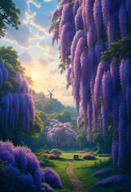 detailed background, A park with wisteria flowers in bloom, wisteria flowers in full bloom, a faint glimpse of the sky, sunrise sky, beautiful clouds, dappled sunlight, 
I can see a windmill in the distance, 
depth of field, masterpiece, best quality, ultra-detailed, very aesthetic, illustration, perfect composition, intricate details, absurdres, moody lighting, wisps of light, no humans,