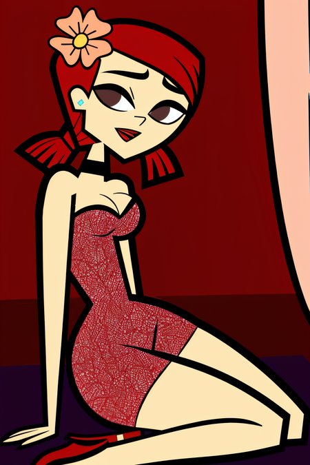 in the Bedroom, (Realistic:1.5) 1girl, solo, open mouth, cleavage, medium breasts, full body, red hair, hair flower, black choker, brown eyes, Lace dress with heels <lora:EdobZoeyTotalDrama_v1.0:0.8>