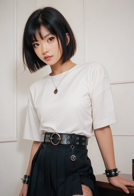 score_9, score_8_up, score_7_up, score_6_up,1girl, cowboy shot, white shirt, sleevelees, thick thights, asian, slim body, slutty black hair, bob cut, black eyes, realistic, pleated skirt, large belt, fishnet thighthighs, spiked bracellet, simple shoes, thight tatto, upper body, poker face,