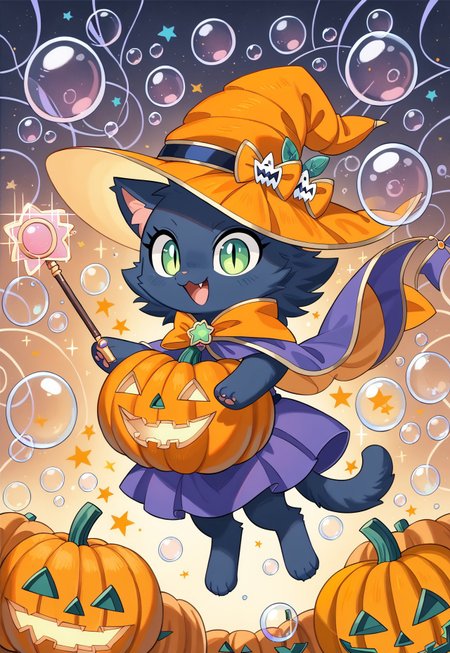 score_9, score_8_up, score_7_up, score_6_up, absurd res:1.1, solo focus, wizard hat, adorable female cat with all black fur wearing a wizard hat and robes, black fur:1.4,  wand, holding, casting a spell, ((((wow_bbls,pumpkin made of iridescent bubbles, pumpkin made of iridescent bubbles is floating in the air by wand:1.4)))), glowing green eyes, slit pupils, adorable:1.4, Illustration, official artwork,  wallpaper, official art:1.1