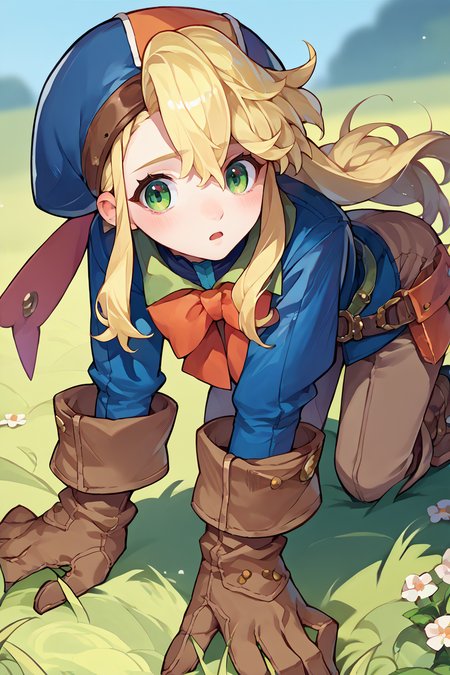 score_9, score_8_up, score_7_up, score_6_up, source_anime, 1girl, solo,  <lora:clarissaarwin-pdxl-nvwls-v1-000005:1> clarissa arwin, blonde hair, hat, long hair, blue uniform, red bow, brown gloves, belt, brown pants, boots, all fours, blush, chestnut mouth, looking at you, field