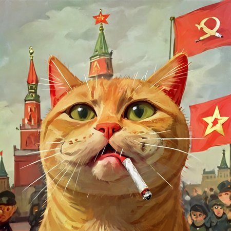 fisheye view of soviet cat with (angry look on his face:1.1), (smoking sigarette in his mouth:1.4), expression eyes,  albeniz rodriguez style, caricature, moscow red square with (red flags:1.3) on background <lora:albeniz-rodriguez-style-1024:0.5> <lora:Childrens_book_illustration:1> childrens_book_illustration