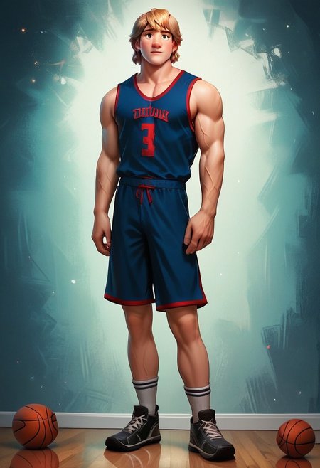 score_9,score_8_up,score_7_up,score_6_up,score_5_up,1 boy, male focus,19 years old, blonde, Kristoff(blonde hair, hazel eyes, muscular), slim,
basketball player, blue uniform, basketball uniform, short
in a white livingroom.
Full body picture
 glowing,neon,g0thicPXL,amazing quality,best aesthetic,<lora:xl_more_art-full_v1:0.5>,<lora:g0th1cPXL:0.8>,<lora:add-detail-xl:1>