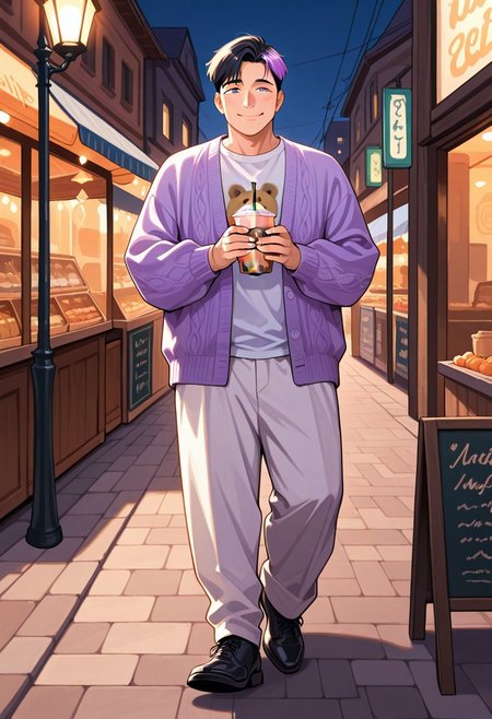 masterpiece, best quality, absurdres, newest, perfect quality, best quality, absolutely eye-catching, detailed background, intricate details, male, 1boy, mature man, aged man, solo, male focus, mbti_entp, black hair, multicolored hair, pink eyes, white shirt with bear print, purple cardigan, white pants, black footwear,  outdoor, marketplace, shops, street lamp, stoned ground, warm natural lighting, lively and bustling atmosphere, background details visible, cheeky expression, smile, mouth open, holding cup boba milk tea, walking to viewer