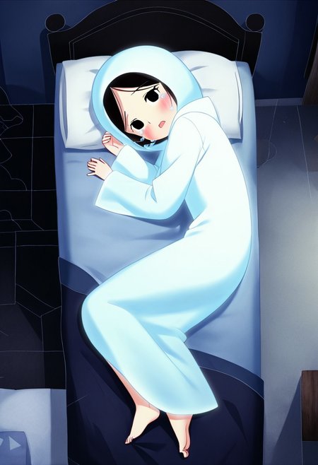 zPDXL3, source_cartoon, Perfect Hands, full body,
1girl, solo, bedroom, looking at viewer, saoirse, black hair, black eyes, blush, ghost, hood up, robe, barefoot, glowing, lying on bed, from above, lying on side, facing at viewer, feeling cold, eyes open, crying sadly, open mouth, sleeve past wrist, slim body, long body, highlight cloth wrinkle, anime style,
<lora:Perfect Hands:1>  <lora:Saoirse_-_The_Song_of_the_Sea-000009:1>