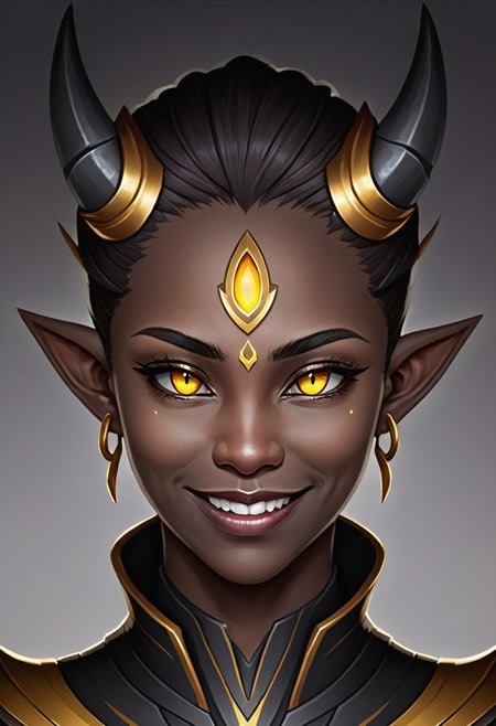 Te'kharoth, third eye, portrait, yellow eyes, horns, pointy ears, dark skin, smile, 1girl, solo, armor, necklace, tiara,