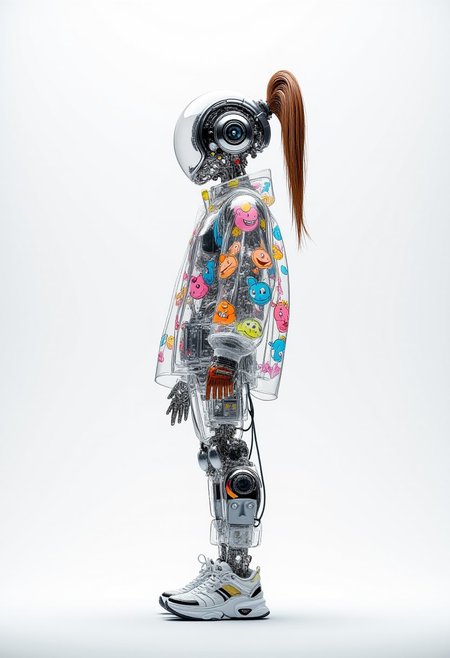 A 3D-rendered android figure stands in profile view, featuring a transparent body that reveals intricate internal mechanical components, visible wiring, and circuitry. The android wears a transparent jacket adorned with vibrant cartoon characters in blue, orange, pink, yellow, and green colors. A distinctive brown brush or ponytail attachment protrudes from the top of the android's head. The figure is positioned against a clean white background, with the mechanical elements and playful design elements clearly visible through the transparent exterior. High-resolution 3D rendering with sharp detail and studio lighting against a white background.. aidmamj6.1, anime, cyberpunk