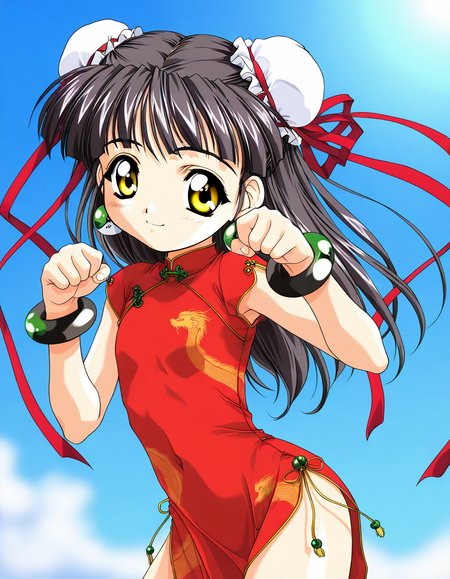 masterpiece, best quality, good quality, <lora:Kounyan_Spiral_NAMI_IS:1>Kounyan, black hair, long hair, double bun, hair bun, bun cover, yellow eyes, ribbon, earrings, flat chest, green jewelry, 2000s \(style\),anime coloring,  short stack,
1girl, solo, chinese clothes, china dress, red dress, smile, paw pose,
bracelet, short hair, 
blue sky,