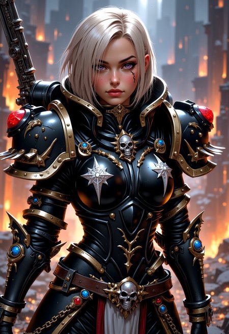 mythp0rt, 24 years old woman with blonde hair, medium hair , side cut, undercut, purple eyes, (emo girl makeup:1.2), dark eyeshadow, warhammer 40k style, perfectly round breast, small breasts, scar across right eye, intricate artwork, 8k, breathtaking, hyperrealism, sharp focus, 
BREAK,seducing eyes, perfect face, detailed face, looking at you, dynamic sexy pose, 
BREAK  Sistersofbattle, Warhammer, black metal armor with white accents, large shoulder armor, holding chain sword, 
BREAK, 1girl, solo, semi realistic, source_cartoon, full body shot, ruined city, flames in background, battlefield, full body shot, dramatic angle,