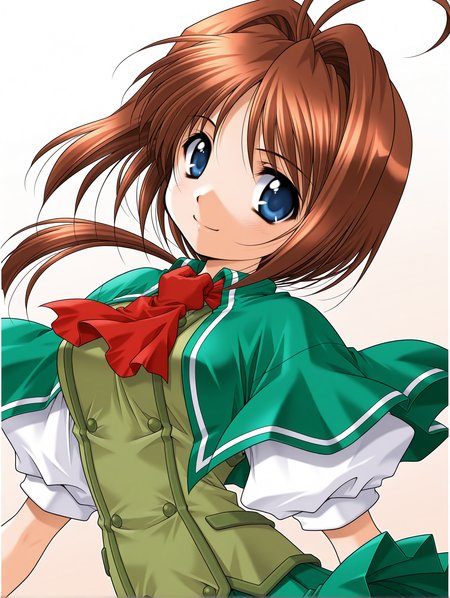 masterpiece,best quality,newest,
1girl,solo,
<lora:wakatsuki_kotomi_ilxl_v1.0:1>,w_kotomo,ahoge,brown hair,blue eyes,low ponytail,
k_clothes,green capelet,ascot,green vest,puffy short sleeves,green pleated skirt,
looking_at_viewer,upper_body,face_focus,smile,white_background,simple_background,