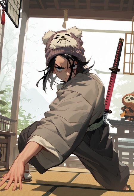 score_9, score_8_up, score_7_up, hyper detailed face, score_6, score_5, anime, perfect face, perfect anatomy, perfect hands, 1boy, (((kimono, holding_katana))), (fullbody, dojo, indoors, dynamic pose, combat pose, fight pose), solo, kid, child, male focus, medium length hair, messy hair, spiky hair, black hair, black eyes, serious, tired eyes, (((light grey beanie, animal hat))), clothed, forehead, looking at viewer, character design