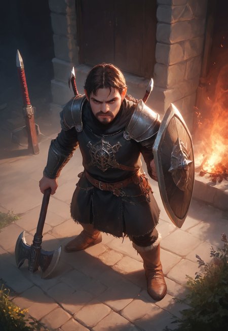 exquisiteh, beautifulh,  Expressiveh, realistic, photorealistic, Expressiveh, score_9, score_8_up, score_7_up, axe and shield,
1boy, solo, Dwarf, short stature, brown hair, old, big nose, going berserk, angry, wielding an axe, 
source_anime, in the fog, silhouette, small village on fire, medieval, feudal, 
from above,