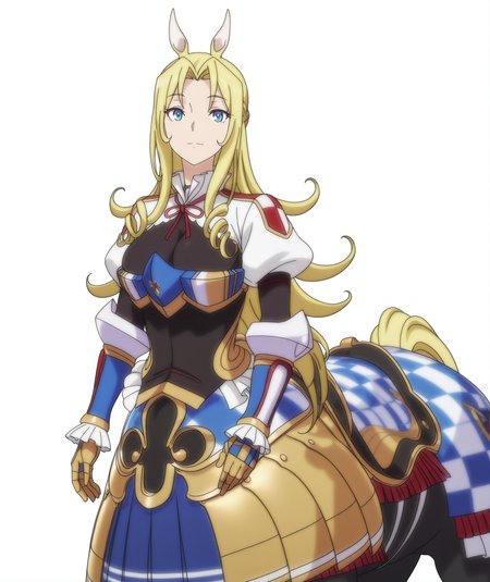 official art, absurdres, highres, anime coloring, hi res, best quality, masterpiece, 2d, intricate details, 4k,
1girl, solo, long hair, blue eyes, blonde hair, animal ears, tail, sidelocks, parted bangs, drill hair, horse ears, monster girl, horse tail, taur, drill locks, centaur, 
breasts, gloves, long sleeves, puffy sleeves, armor, juliet sleeves,  gauntlets, breastplate, armored dress, boobplate, skirt, pleated skirt, saddle, black horse, 
upper body, portrait, 
white background, <lora:Tisalia_Scythia_(Character)_ILXL:1>