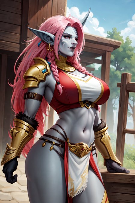 (masterpiece:1.2), (best quality:1.2), perfect face, perfect eyes, volumetric lighting, mature female shewowtroll, pink hair, colorful streaks, grey skin, red eyes, huge breasts, jewelry, feathers, fur, markings, braids, tusks, crop top, gauntlets, loin cloth, fantasy, outdoor   <lora:sxzTrollsWarcraft_sxzTrolls:0.8>