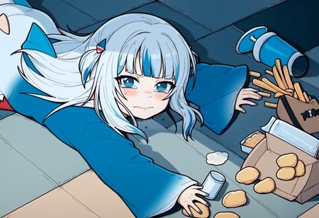 score_9, best quality, masterpiece, uncensored, source_cartoon, chromatic aberration
BREAK
1girl, virtual youtuber, pitm, pitvitm, spill, blue eyes, multicolored hair, streaked hair, food, grey hair, hair ornament, solo, lying, blue hair, french fries, blush, shark hair ornament, fallen down, on stomach, shark hood, hood, two side up, blue nails, meme, looking at viewer, disposable cup, cup, hoodie, long hair, tail, shadow, closed mouth, animal hood, on floor, blue hoodie, blunt bangs, long sleeves, tears, fins
<lora:lazy_square_pony_v2:1>